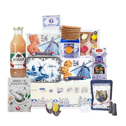 Cadeaupakket -  Holland nr 18 - Pakket met boek "Kookboek van Nederlands Indië" en diverse Hollandse lekkernijen 