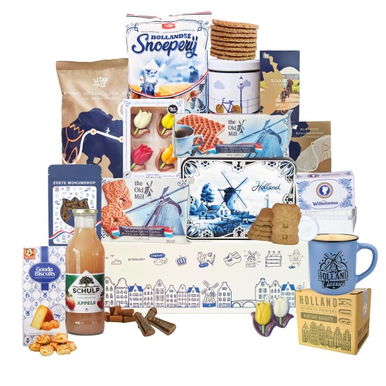 Cadeaupakket - Holland nr 2 - pakket met diverse Hollandse lekkernijen en Hollandse cadeautjes Cadeaupakket - Holland nr 2 - pakket met diverse Hollandse lekkernijen en Hollandse cadeautjes