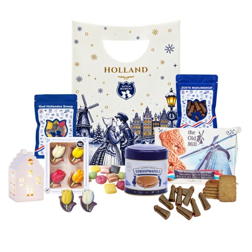 Dutch Moment – Hollands Lichtpuntje – Cadeautas met LED-huisje & Hollandse lekkernijen
