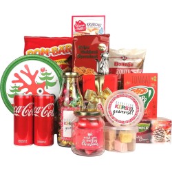Kerstpakket "Rood" kerstpakket in kleur rood - vol heerlijkheden - kerstkoekjes - chips - cola - winterthee - themakleur rood