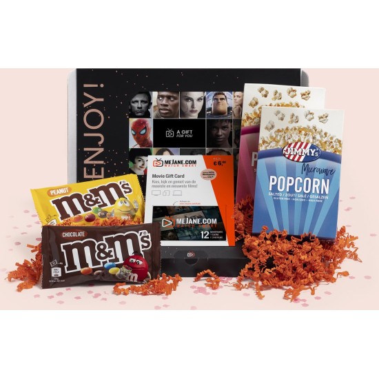 Filmpakket - filmbox cadeau met Jimmy's popcorn, M&Ms, filmcadeaukaart voor een mooi avondje thuisbios Filmpakket - filmbox cadeau met Jimmy's popcorn, M&Ms, filmcadeaukaart voor een mooi avondje thuisbios